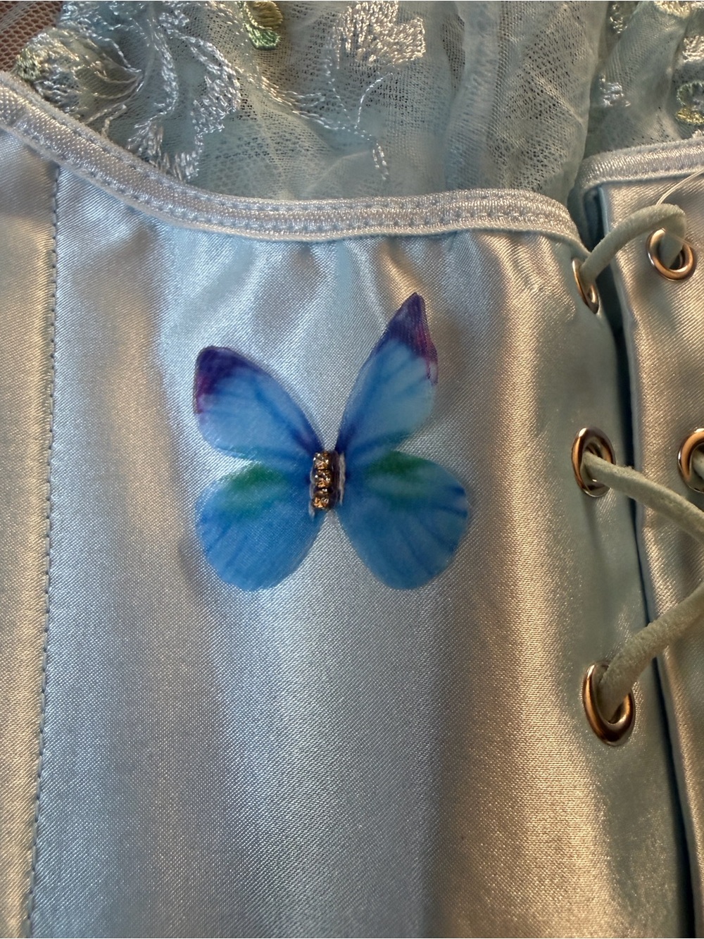 Empress Mimi Madame X Blue Butterfly Lace Corset XXL NWT Sheer Polka Dot Sleeves - Picture 13 of 15